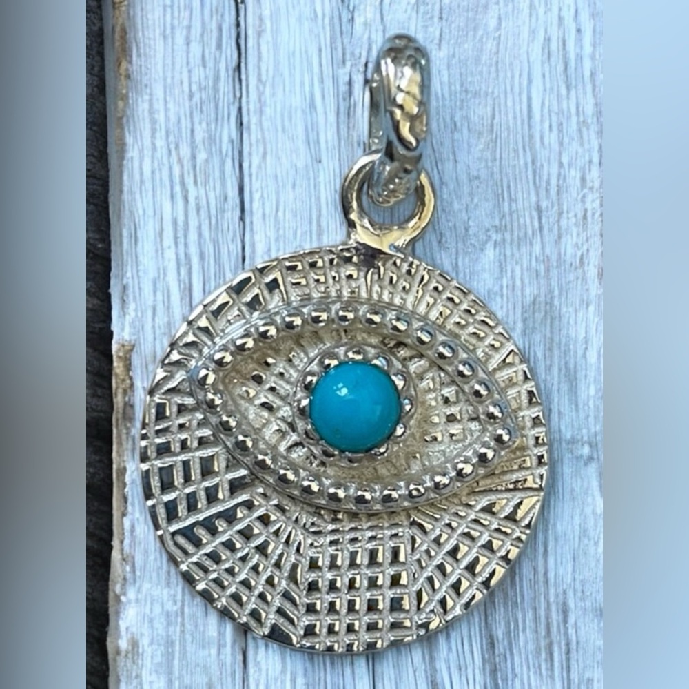 925 Sterling Silver with Blue genuine turquoise stone Eye Motif Charm Pendant
